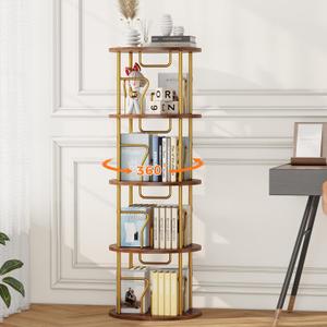 Rotating Bookshelf Tower, Spinning Bookshelf, 360 Display Round Bookcase, Floor Standing Corner Revolving Bookcase Organizer Storage Rack for Home Study Office (Gold&Brown, Round 4-Tier)