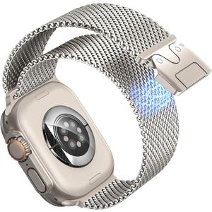 Goton Milanese Magnetic Band Compatible with Apple Watch Band Ultra 2 Ultra for Men Women 49mm 46mm 45mm 44mm 42mm, Stainless Steel Milanese Mesh Loop Strap for iWatch SE Series 10 9 8 7 6 5 4 3 2 1 (Natural Titanium)