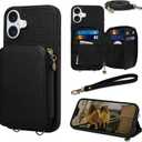 Keallce Case for iPhone 16 6.1'' Case Wallet, Crossbody Zipper Purse with RFID Blocking Card Slots Kickstand, Detachable Lanyard & Handstrap Flip Folio Leather iPhone Cover for iPhone 16, Black