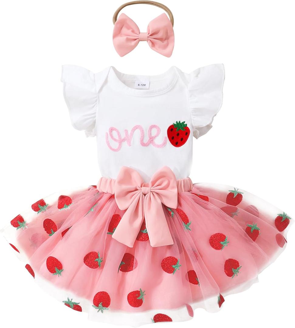 YOUNGER TREE Baby Girl 1st Birthday Outfits One Year Old Clothes Romper Tutu Cake Smash Skirt with Headband Baby Girl Gifts (12-18 Months, Sweet One Strawberry)