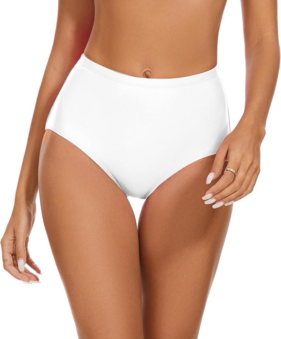 Womens Slimming Retro High Waisted Bikini Bottom Full Coverage Tummy Control Swimsuit Swim BottomsWhite,S, Small