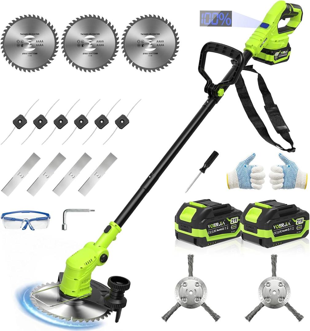 21V Lightweight Weed Wacker, Cordless String Trimmer & Brush Cutter with Edging Wheels, 4-in-1 Electric, 2x 4.0Ah Battery & LCD Display & Strap, Foldable Edger with Wire Brush for Patio & Yard
