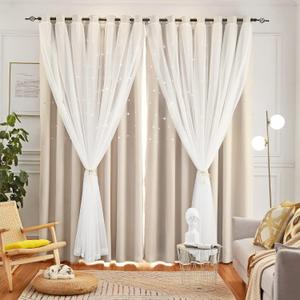 Stars Curtains Double Layer Curtains Blackout Curtains for Bedroom Kids Curtains Cute Curtains Kids Blackout Curtains, Curtains 72 Inches Long 2 Panels Set, Beige Curtains, 52 X 72 Inches
