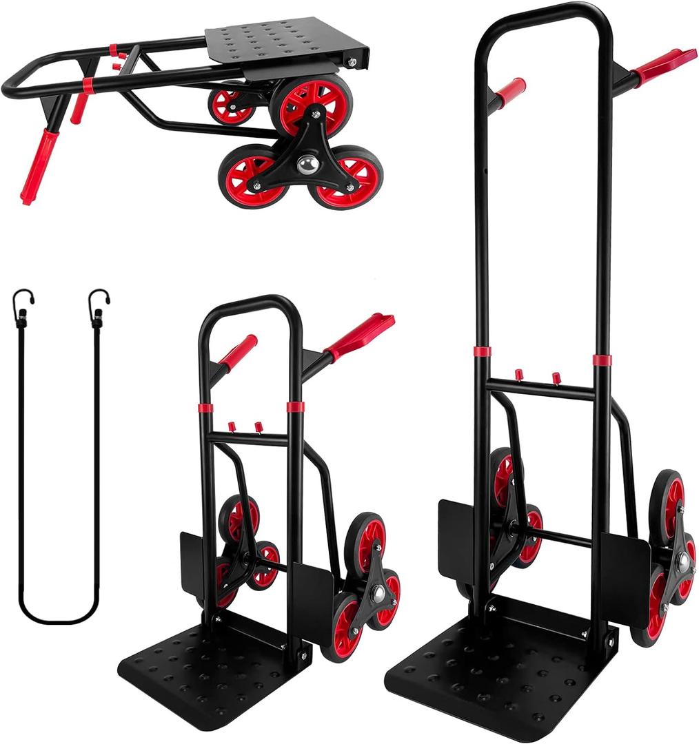 Stair Climber Hand Truck Dolly, Heavy Duty 440 Lb Capacity Trolley Cart with Telescoping Handle and Rubber Wheels 6 Rubber Wheels and Rope for Moving Logistics Warehouse (Red)