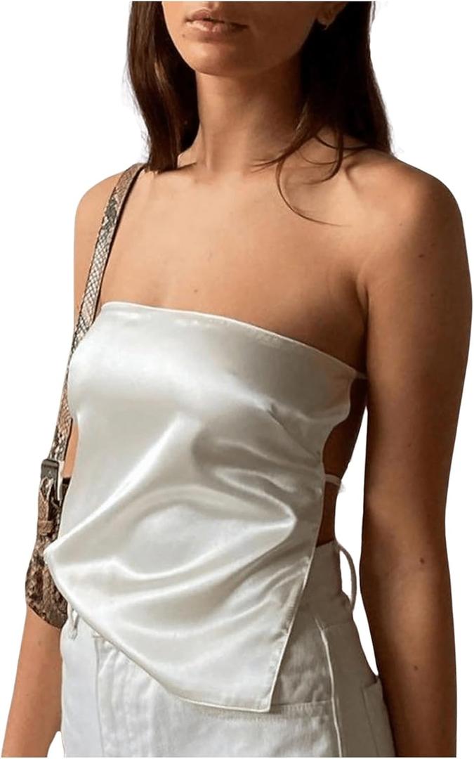 SweatyRocks Women's Sexy Backless Cropped Satin Going Out Tops (White, L)