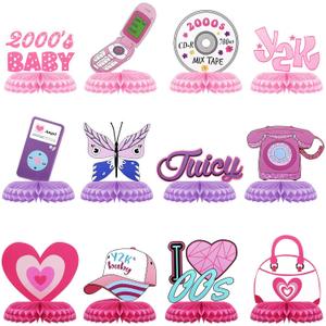 12 Pcs Y2k 2000s Party Decorations 00's Honeycomb Centerpieces Pink Theme Table Decor for Party Throwback Early 2000s Decor Y2k Retro Table Toppers for Birthday Favors Supplies
