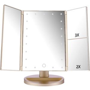 deweisn Floor Mount Tri-Fold Lighted Vanity Mirror with 21 LED Lights, Touch Screen and 3X/2X/1X Magnification, Two Power Supply Modes Make Up Mirror,Travel Mirror (Gold)
