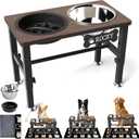 SHAINFUN Elevated Dog Bowls with Slow Feeder & Mat for Medium Large Dogs, Adjustable Height, Raised Dog Bowl Stand with 2 Stainless Steel 58oz Bowls, Tall Dogs Food Water Bowl Wooden & Metal Holder (Brown-1.7L)