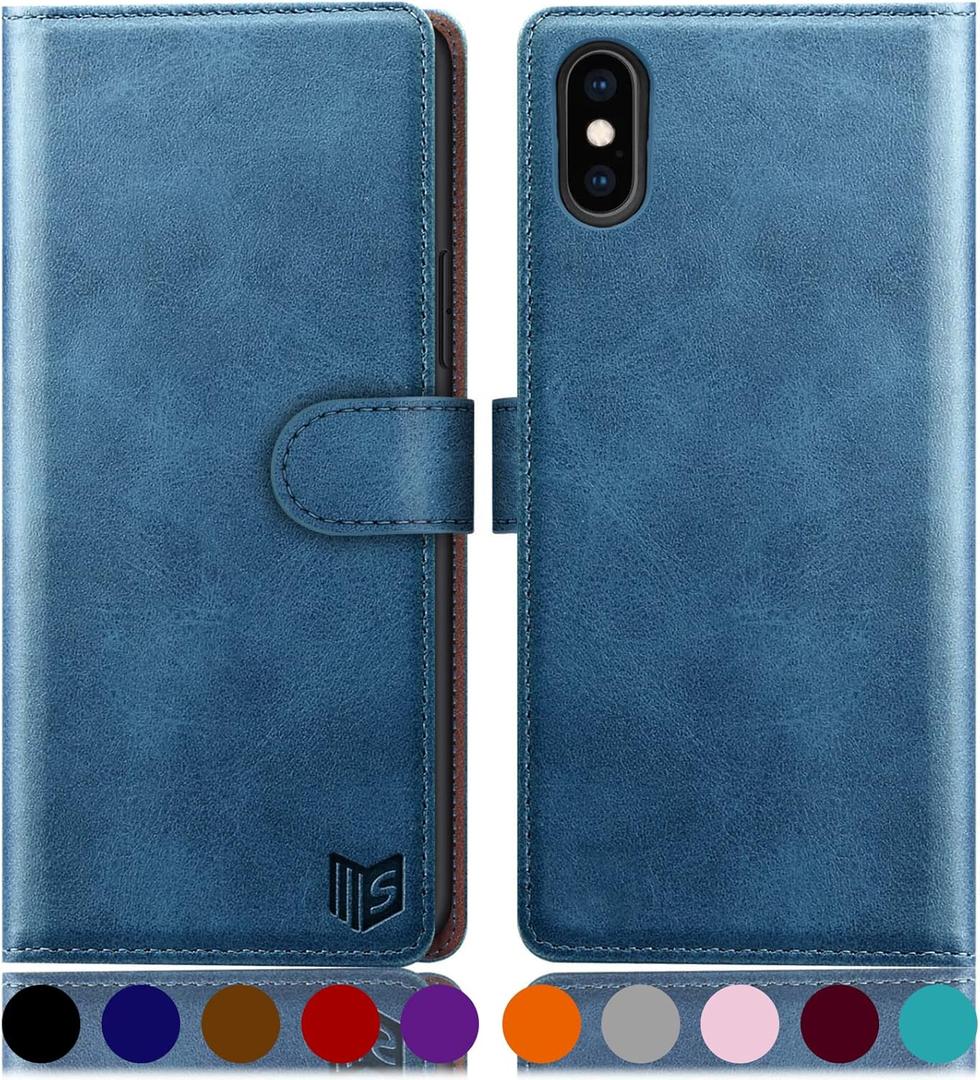 SUANPOT for iPhone X/XS 5.8inch(Non XS Max 6.5") with RFID Blocking Leather Wallet case Credit Card Holder, Flip Folio Book Phone case Shockproof Cover for Women Men for Apple X/Xs case Sky Blue