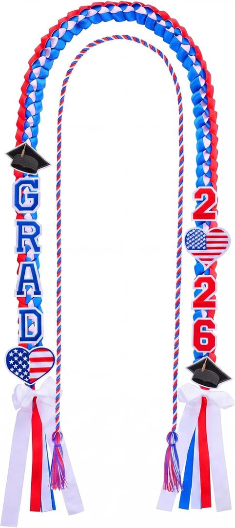 Suncalla 2026 Graduation Leis and Cords, 70 in Grad Money Ribbon Leis American Flag Theme with 11 Embroidered Patches for College Class of 2026 Graduation Party Decorations(Red,Blue,White)