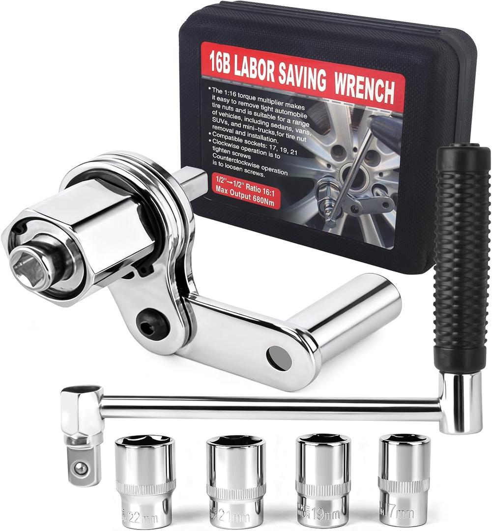 Torque Multiplier Wrench Set, Heavy Duty Labor Saving Lug Nut Remover, 1/2" Drive Square, 1:16 Gear Ratio Hand Lug Nut Wrench Kit for Automotive Tire Nuts Removal (Max 680NM)