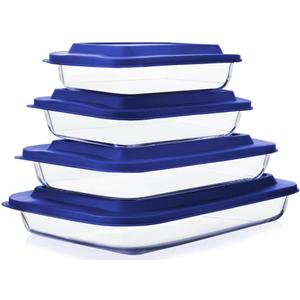 8-Piece Glass Baking Dish Set with Plastic lids, Rectangular Glass Bakeware Set with Lids, Baking Pans for Lasagna, Leftovers, Cooking, Kitchen, Freezer-to-Oven and Dishwasher, Blue