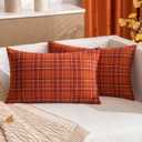MIULEE Fall Set of 2 Scottish Tartan Plaid Lumbar Throw Pillow Covers Farmhouse Classic Decorative Outdoor Square Cushion Cases for Decor Sofa Couch 12x20 Inch, Rust