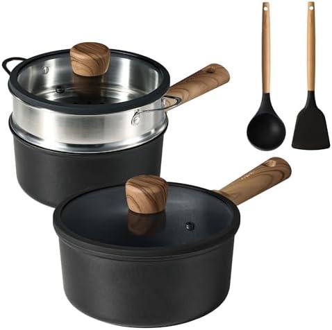 CAROTE 7 PCS Nonstick Sauce Pan Set, 2.0Qt & 2.5Qt Sauce Pots with Lid, Steamer Basket, Silicone Spatula and Spoon with Wooden Handle, Titanium Induction Cooking Pot with Stay-Cool Handle, Black