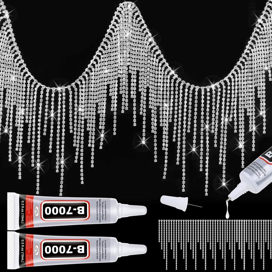 Rhinestone Fringe with B7000 Glue Multipurpose Adhesive, Sparkle Rhinestone Trim Rhinestone Fringe Belt Rhinestone Fringe Trim, Sliver Diamond Fringe Rhinestone Tassel Chain for Jeans (0.5 Yard)
