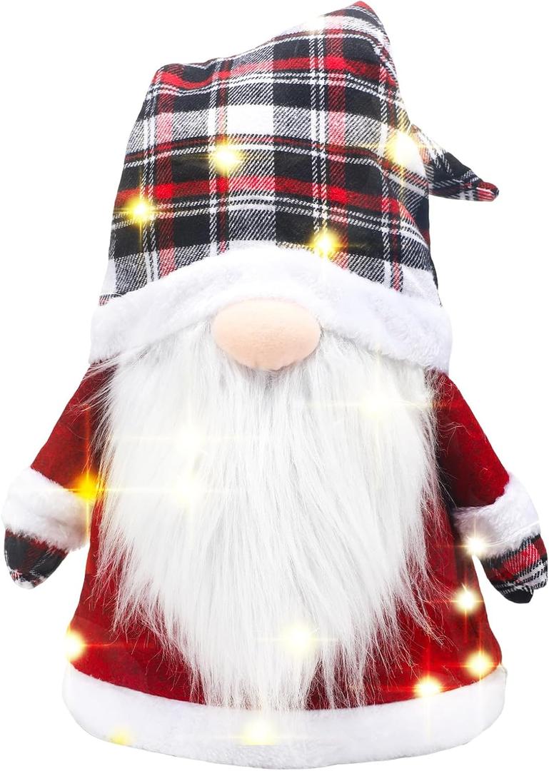 Sosation Lighted Christmas Tree Topper 25 Inch Large Buffalo Plaid Gnome Tree Topper with Lights Scandinavian Swedish Tomte Battery Operated Christmas Decorations for Xmas Home Decor(Black, White)