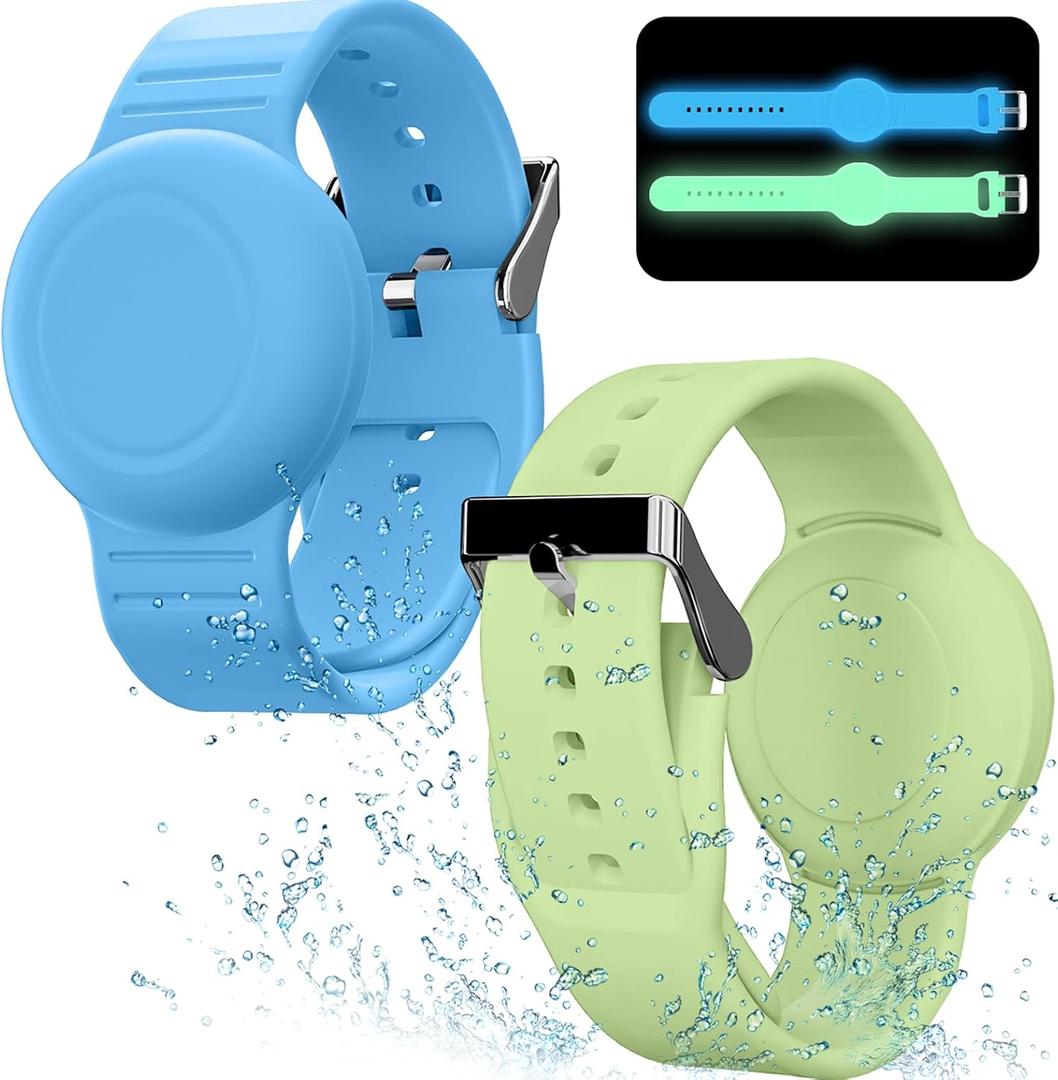 Waterproof Bracelet Compatible with Airtag (1st & 2nd Gen) for Kid, 2 Pack Soft Silicone Hidden Wristband, Lightweight Watch Band Compatible with Apple Air Tag for Child, Grow in Dark Blue & Green