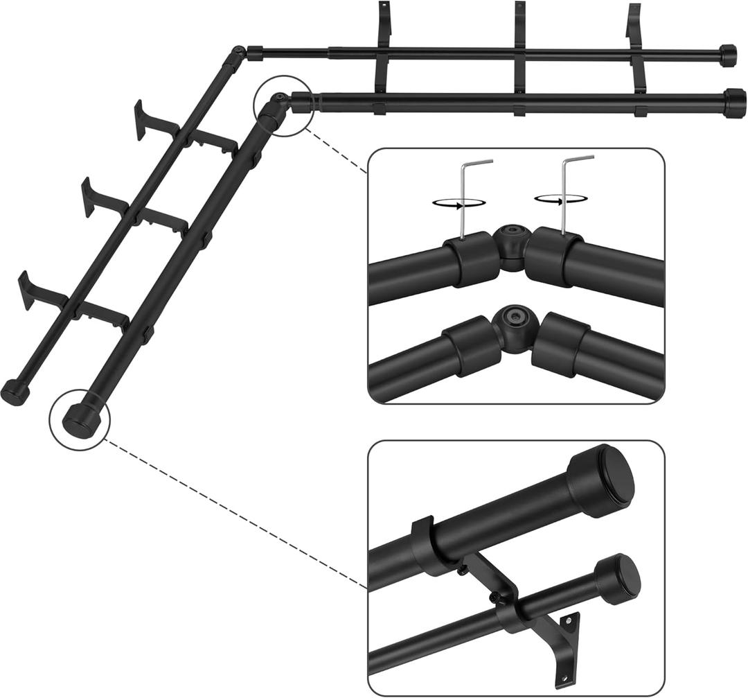 Black Double Corner Window Curtain Rods with Aluminum End Cap Finials and Brackets,1 Inch Diameter Dual Bay Window Curtain Rods, Adjustable 2 Sided 36-72 Inch Double Drapery Rod