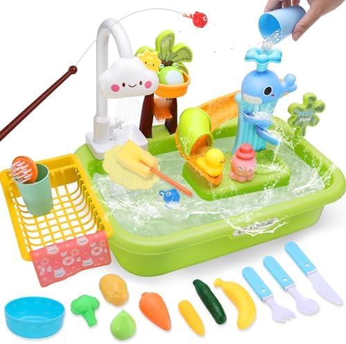 Crelloci Kitchen Sink with Running Water, Upgraded Electric Faucet, Automatic Water Cycle System, Dishwasher Toy, Kids Fishing Toy, Pretend Role Play Sink for Toddlers Boys Girls
