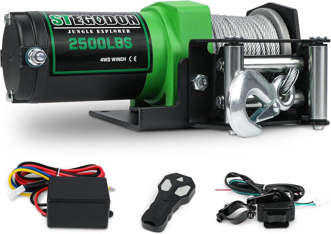 STEGODON 2500 lb. ATV/UTV Electric Winch, 12V Waterproof Steel Cable Winch,Electric Winch with Wired Remote and Wireless Remote for ATV UTV Towing,Boat,OffRoad
