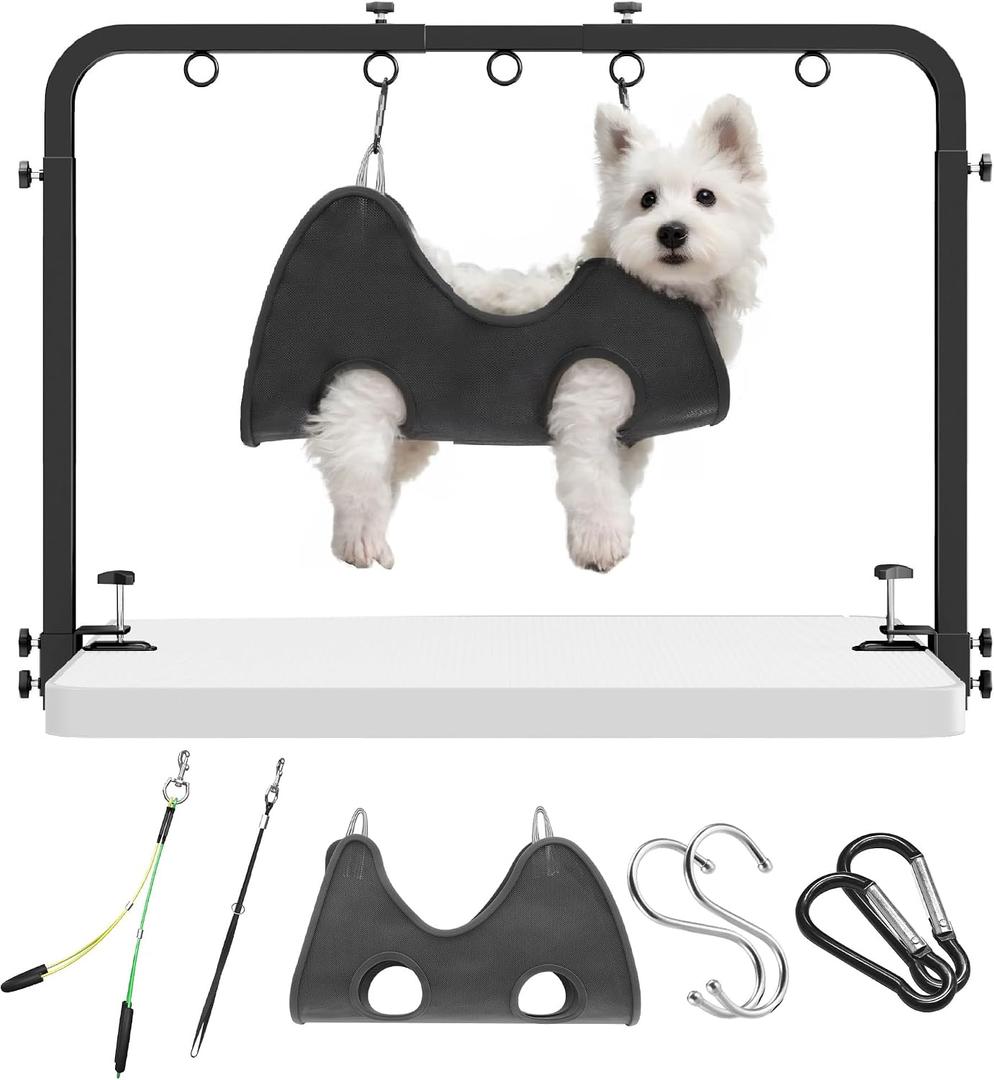 Adjustable Dog Grooming Arm for Table: 42'' Height, 27''39'' Width, Clamp Fits Up to 2.76'', with Hammock & 2 Nooses Portable Pet Grooming Station for Nail Trimming, Cats & Dogs at Home