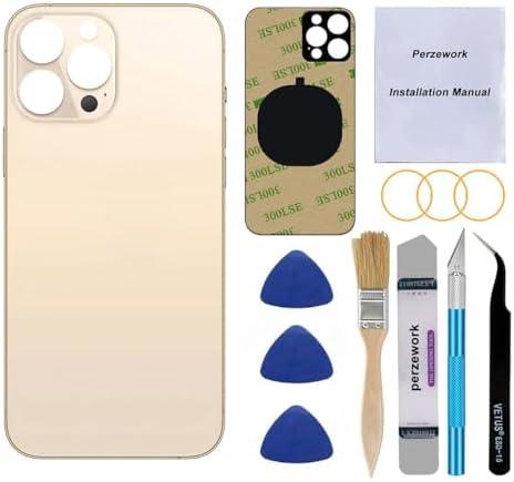 Perzework OEM Rear Back Glass Replacement (Gold) Compatible with iPhone 13 pro max 6.7 inches All Carriers with Pre-Installed Adhesive and Repairing Tool Kits