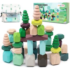 YHHYTOY 40 PCS Wooden Stacking Rocks Building Blocks Forest Theme, Sensory Learning Montessori Toys for 3 4 5 Year Old Kids, Preschool Educational STEM Toys Toddler Games Birthday Gifts for Girls Boys, Forest Theme 