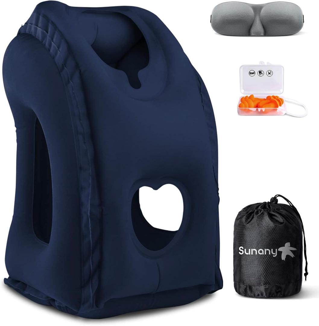 Sunany Travel Pillow, Inflatable Neck Pillow Used for Airplanes/Cars/Buses/Trains/Office Napping with Eye Mask/Earplugs (Blue) (Medium)