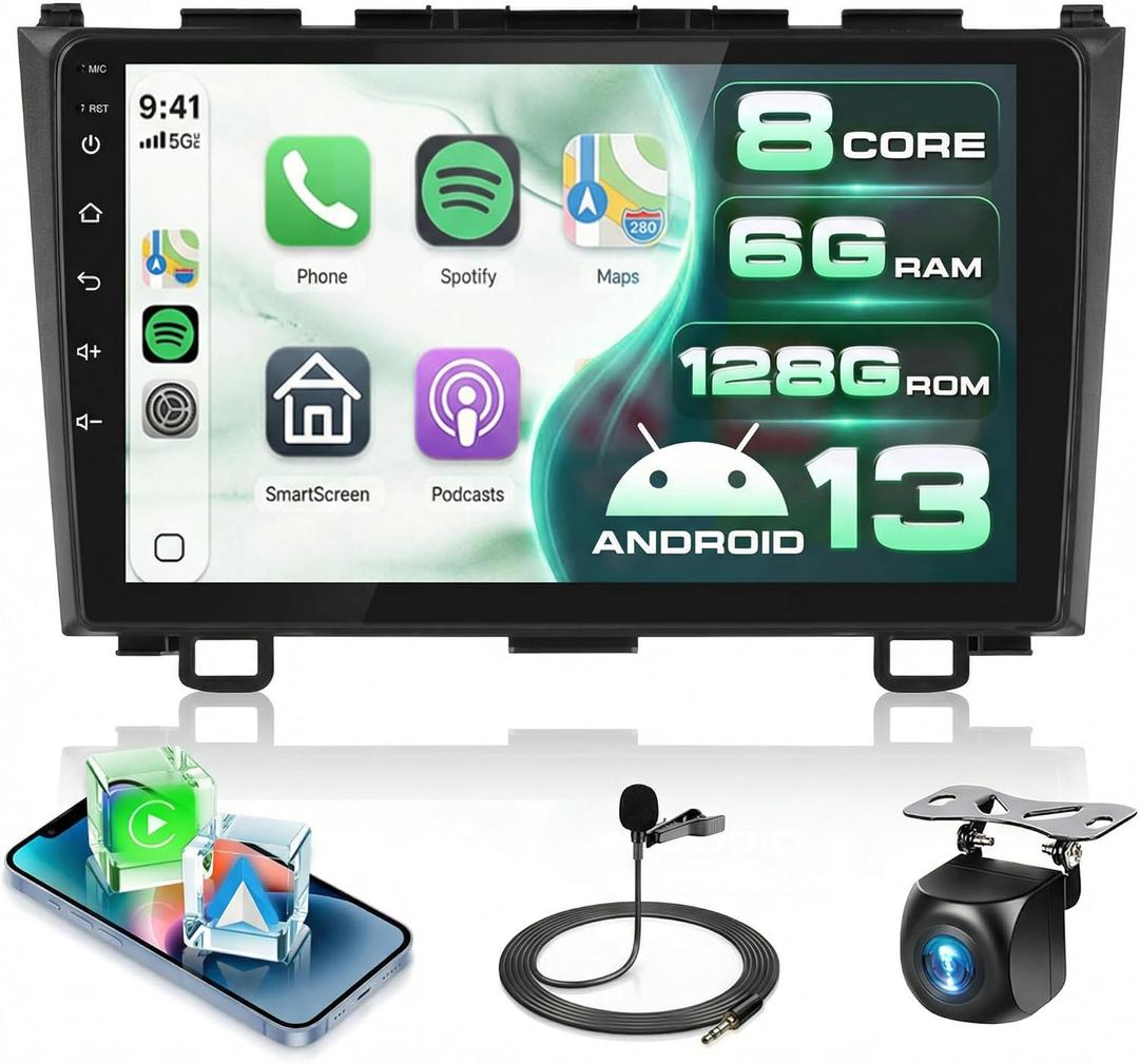 8 CORE 6G+128G Car Radio Stereo for Honda CRV 2007-2011 with Wireless CarPlay/Android Auto, 9 Inch HD Touch Screen Android 13 Head Unit GPS/WiFi/Bluetooth/32-Band DSP/USB/SWC+HD Backup Camera