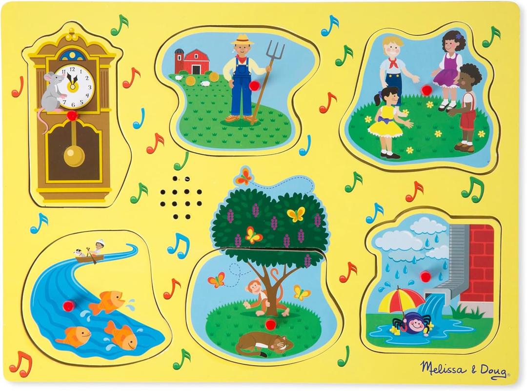 Melissa & Doug Sing-Along Nursery Rhymes Sound Puzzle -Yellow - Wooden Peg Puzzle (8 pcs)