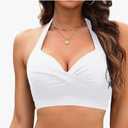 Tempt Me Women's Vintage Swimsuit Pure White Top Retro Halter Ruched , Large