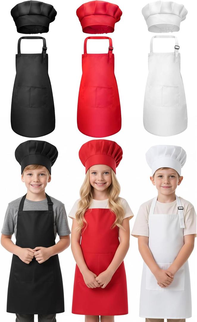 CHENGU 3 Set Kids Apron and Chef Hat Set Children Apron Adjustable with 2 Pockets for Toddler Cooking Baking Painting Art Boys Girls Kitchen, White, Red, Black, Large, 6-12 Years(Large,Color 1)