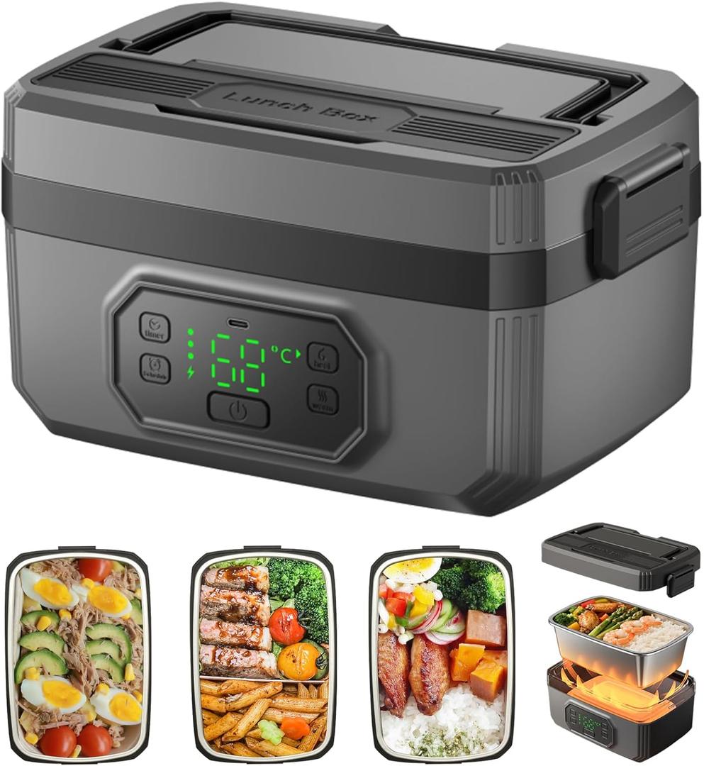 Cordless Electric Heated Lunch Box 1.6L, 24000mAh Rechargeable Self Heating Lunchbox, Portable Smart Food Warmer with Automatic Heating & Leakproof Design for Men, Office, Car, Truck & Outdoor Use