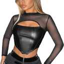 MakeMeChic Women's Faux Leather Crop Tops Y2K Cut Out Mesh Sheer Long Sleeve Mock Neck Tee Shirts (Medium, Black)
