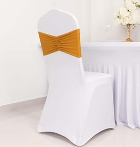 Moukeren 100 Pcs Spandex Chair Sashes Bows Chair Bands Slider Sashes for Chair Covers Elastic Chair Bands Ties Ribbon Chair Decorations for Wedding Party Events Ceremony Birthday Banquet(Gold)