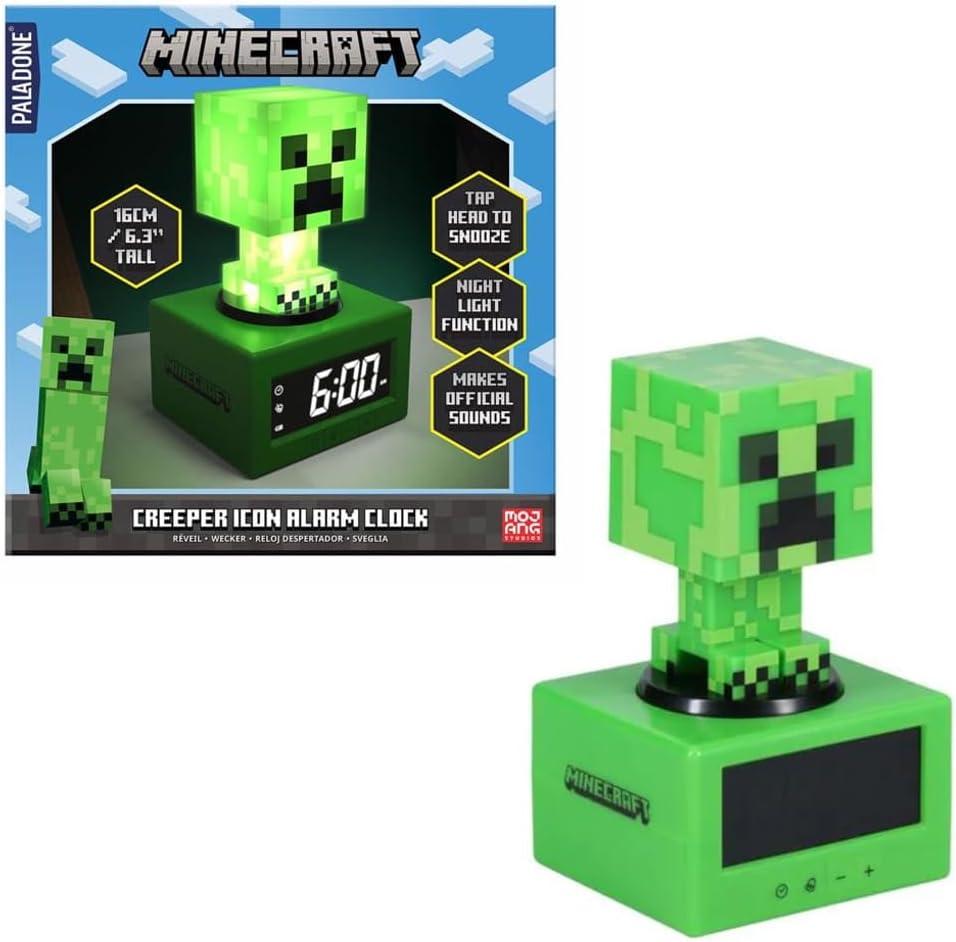 Paladone Minecraft Creeper Icon Alarm Clock - Creeper Glow Mode - Battery Powered - Kids Alarm Clock for Boys