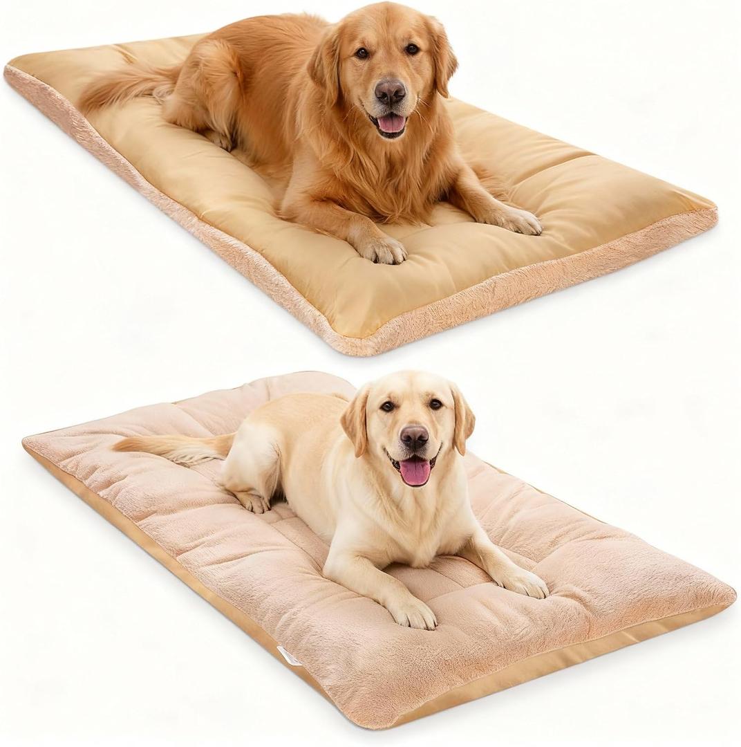 2 Pcs Thin Soft Dog Crate Bed - 24 x 47 Inches Washable & Reversible Dog Pad, Polyester Fiber Pet Sleeping Cushion Mat for Large Medium Small Dogs(Camel)