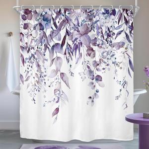 Riyidecor Purple Eucalyptus Leaves Shower Curtain for Bathroom Decor 72Wx72H Plants Watercolor Floral Rustic Botanical Leaf Spring Nature Art Printed Fabric Polyester Waterproof 12 Pack Plastic