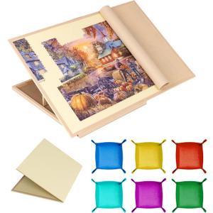 Tektalk Foldable Jigsaw Puzzle Board with 4 Angle Adjustable Bracket/Stand, Lightweight Portable Puzzle Mat Plateau with Wooden Easel, Foldaway Felt Puzzle Table, for Up to 1500 Pieces (Beige)
