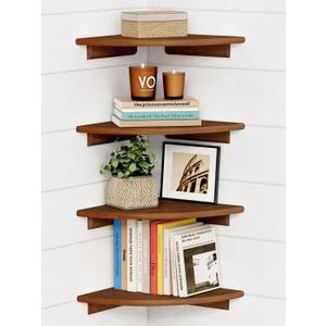 Forbena Corner Bookshelf Wall Mounted Set of 4, Wooden Floating Book Shelves for Nursery, Large Wall Shelving Unit for Living Room Bedroom Bathroom Kitchen Office Classroom Corner (Walnut Color)