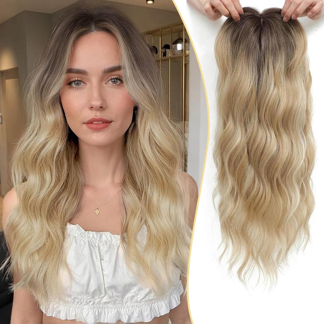 MORICHY Hair Toppers for Women Clip in Hair Topper with Bangs 20inch Buttery Blonde with Highlights Long Wavy Curly Synthetic HairPieces for Women (R6/26k/60#)