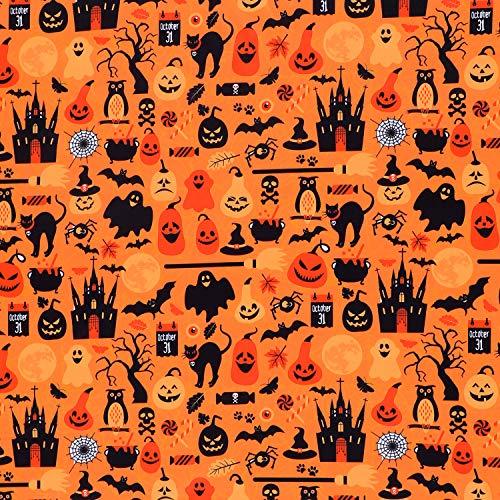 Halloween Fabric 1 Yard Ghost Pumpkin Cats Pattern Halloween Orange Printed Fabric for Sewing Quilting Apparel Crafts Home Decor Supplies (1 Piece)