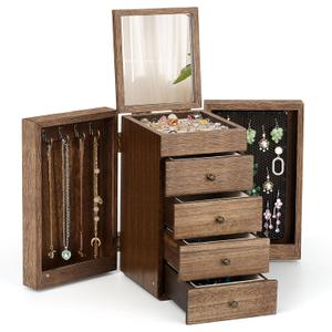 Meangood Jewelry Box Wood for Wowen, 5-Layer Large Organizer Box with Mirror & 4 Drawers for Rings, Earrings, Necklaces, Walnut