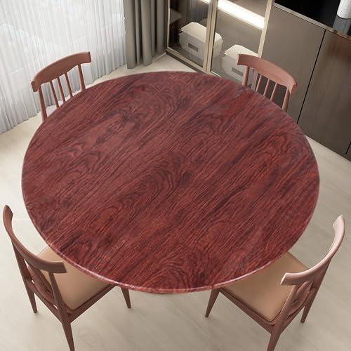 LUSHVIDA Round Waterproof Table Cover Elastic Vinyl Fitted Tablecloth Elastic Edged Plastic Table Cloth (Mahogany, Best for Up to 45"-56" Round)