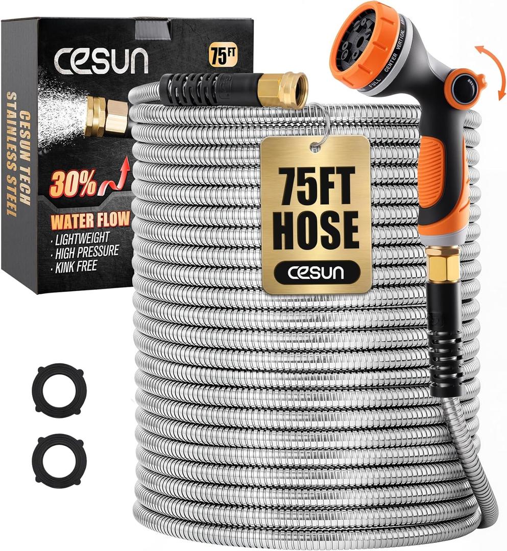 Cesun 75 ft Metal Garden Hose, Stainless Steel Heavy Duty Water Hose With 10 Function Nozzle, No Kink & Flexible, Lightweight and Durable, Rust Proof for Yard, RV, Pet Bath, Outdoor, 75 foot x 5/8"