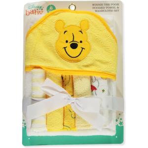 Cudlie Accessories Disney Baby Winnie The Pooh Hooded Towel with 5 Piece Washcloth Set, Honey Collector Print, GS71798, Yellow