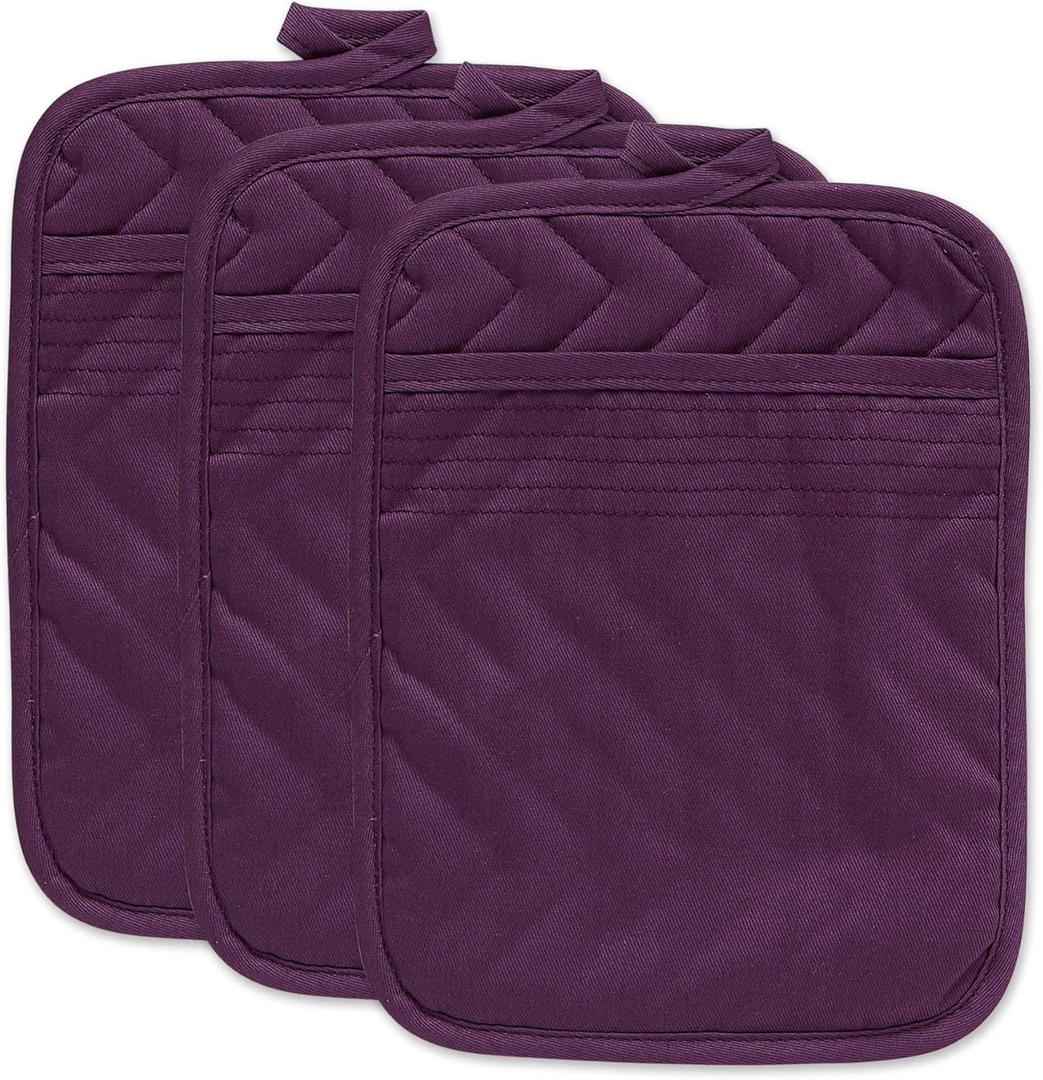 DII Heat Resistant Quilted Cotton Pot Holder Set, Designed with Space to Personalize Allowing a Customized Design, 7x9, Eggplant, 3 Count