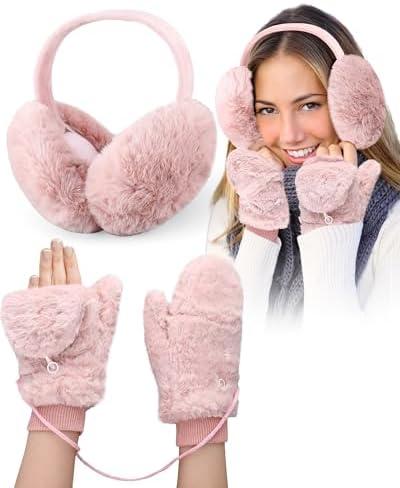 Jeere 2 Pcs Winter Ear Muffs Mittens Set Faux Fur Flip Mittens Fuzzy Cute Fluffy Earmuffs Convertible Warm Gloves for Women
