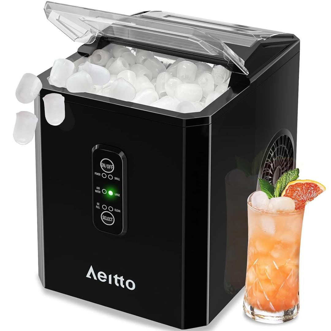 Aeitto Ice Makers Countertop, 9 Ice Cubes Release in 6 Mins, 26Lbs/24H, 2 Sizes of Bullet Ice Machine, Self-Cleaning Portable Ice Maker with Ice Scoop and Basket for Home Kitchen Office Bar RV, Black