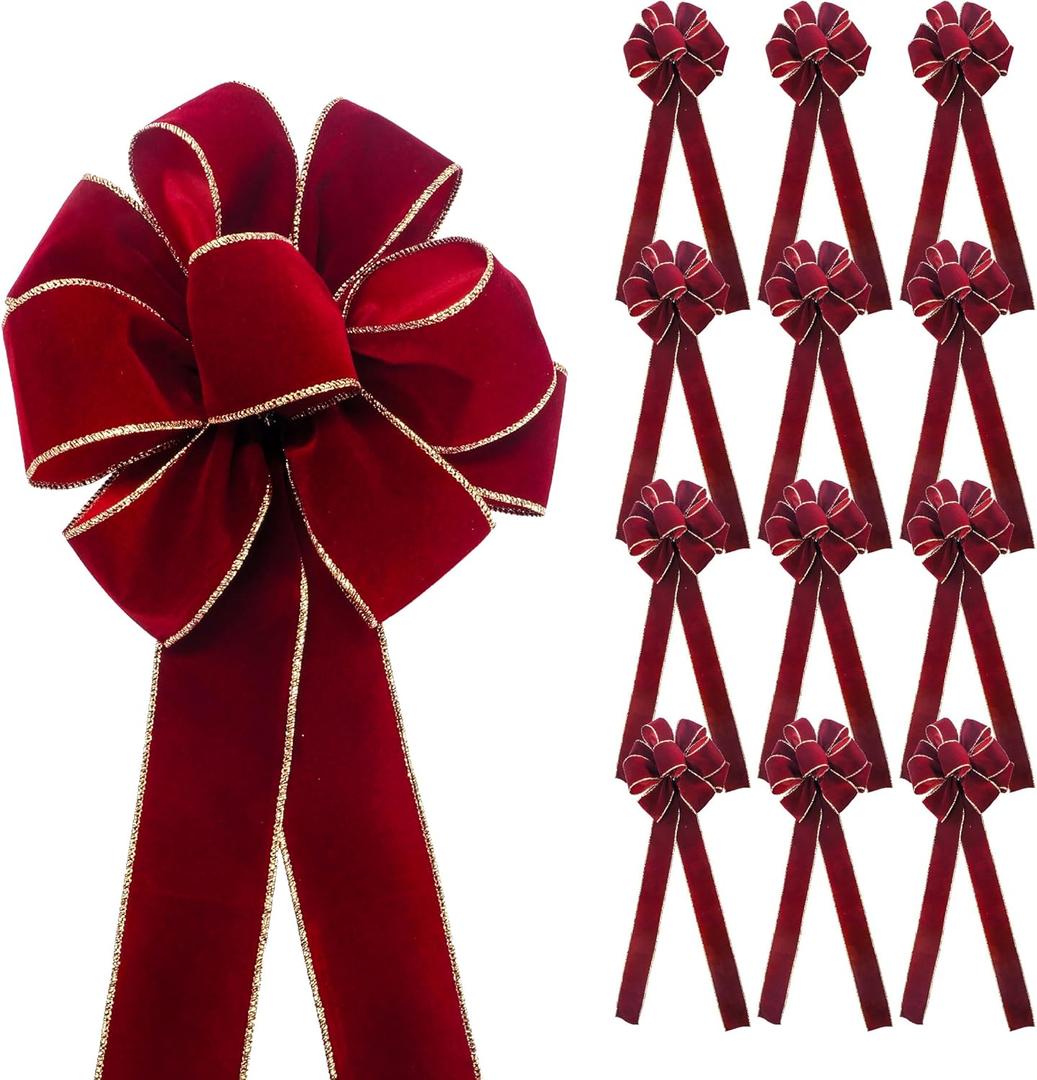 CT Craft Christmas Handmade Tree Topper Bow 10" X 26" X 12 PCS Burgundy/Red Wine Velvet Ribbon Gold Wired Edge for Tree Topper Wreath Indoor Outdoor Holiday Decoration